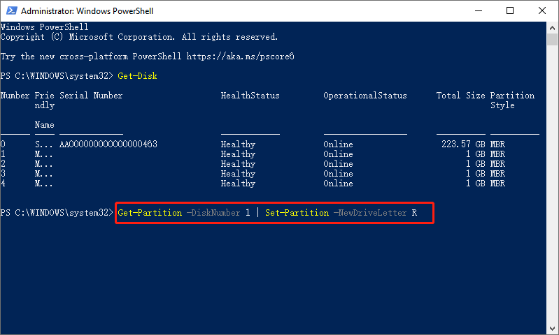 在 PowerShell 中變更磁碟機代號Get-Partition