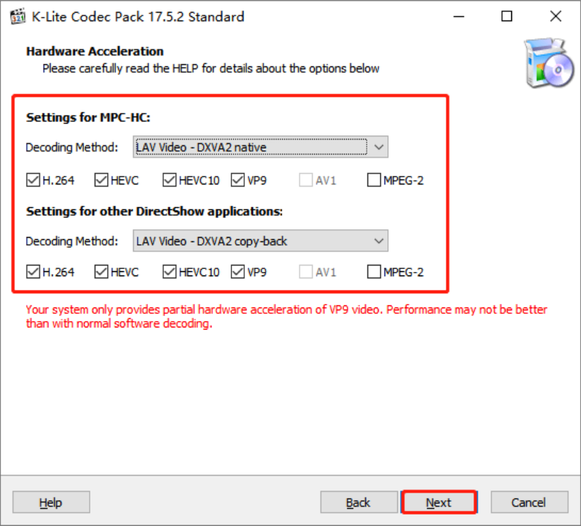 K-Lite_Codec_Pack-安裝3-將所有複選標記置於解碼方法旁的硬體加速下