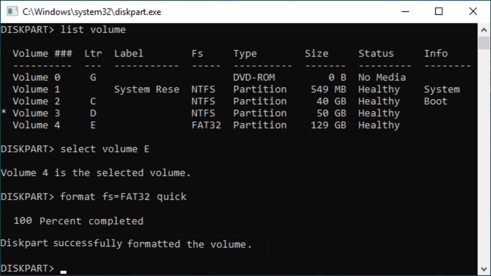 命令提示字元輸入diskpart-LIST volume-FORMAT FS=fat32 QUICK