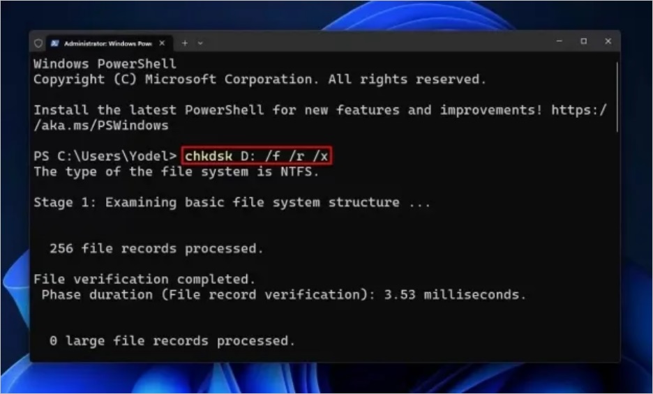 windows 11終端機執行chkdsk -f-r-x